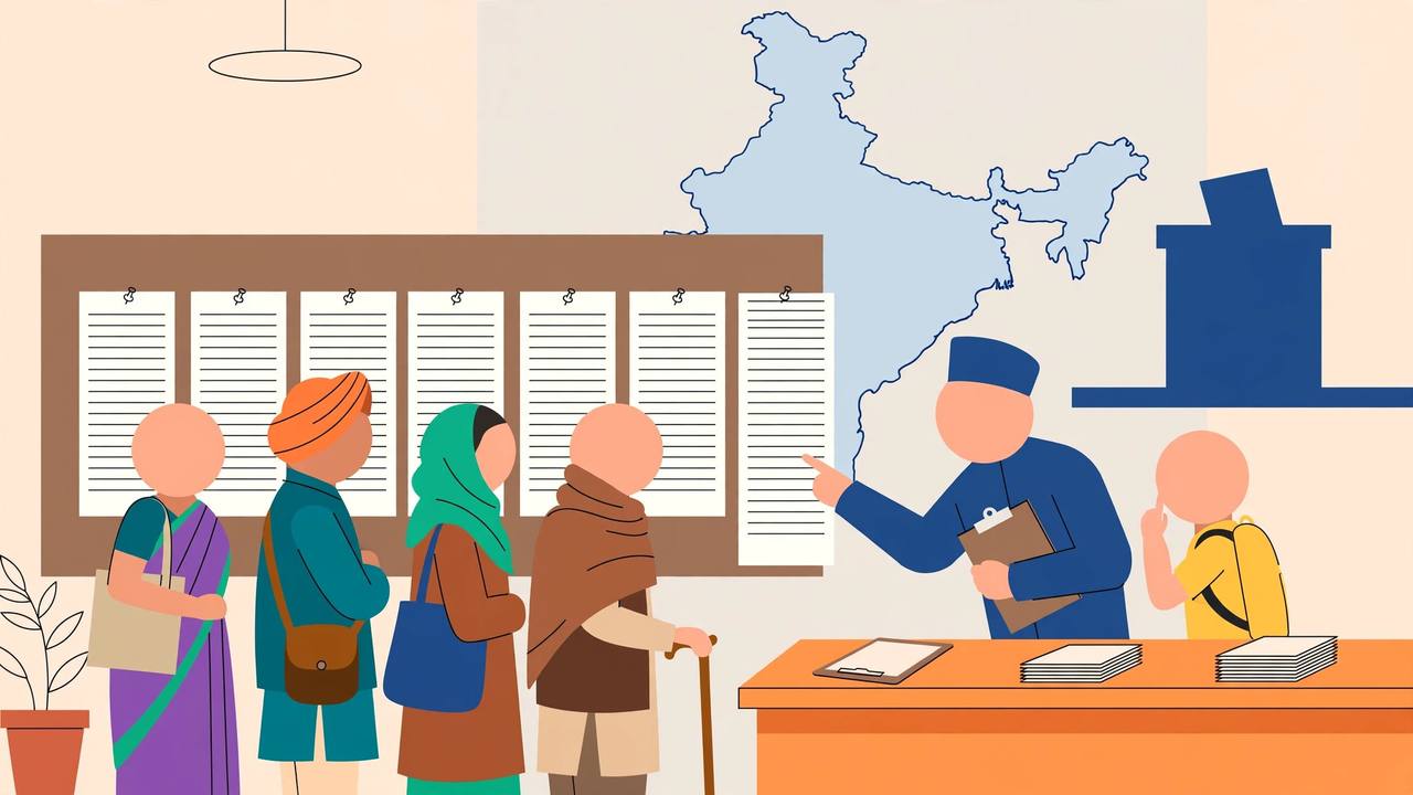 Editorial illustration of citizens checking electoral roll lists at a help desk, with a map of India and a ballot box in the background