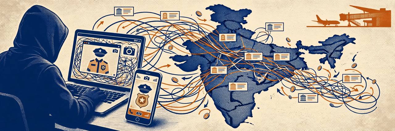 Editorial illustration of a hooded figure behind a laptop with tangled money trails through bank accounts across India and an airport gate