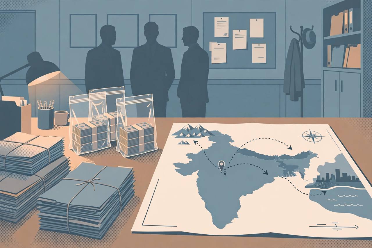 Editorial illustration of an enforcement desk with case files, evidence bags of currency and a cross-border money route map; no real person depicted