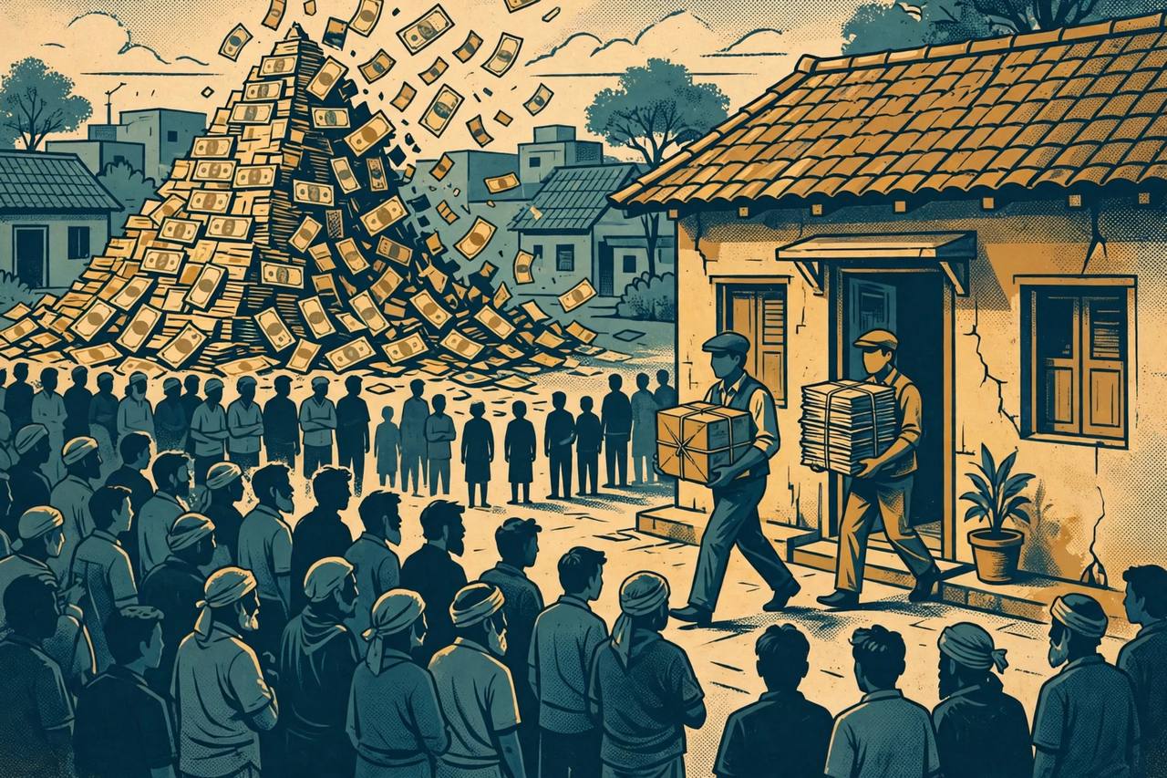Editorial illustration of investigators carrying sealed evidence boxes out of a small investment office while generic silhouetted investors wait outside and a paper pyramid of currency notes collapses behind them