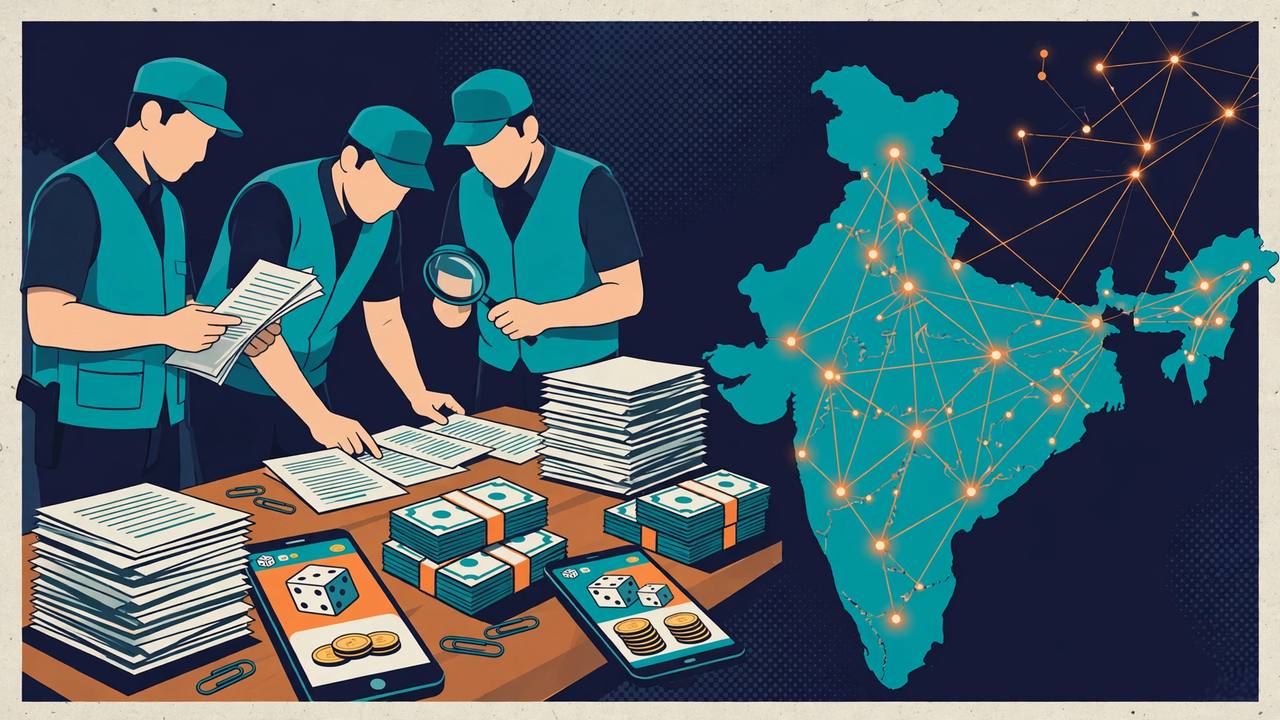 Editorial illustration of enforcement officers examining documents, cash bundles and phones with betting dice, beside a map of India with a glowing network