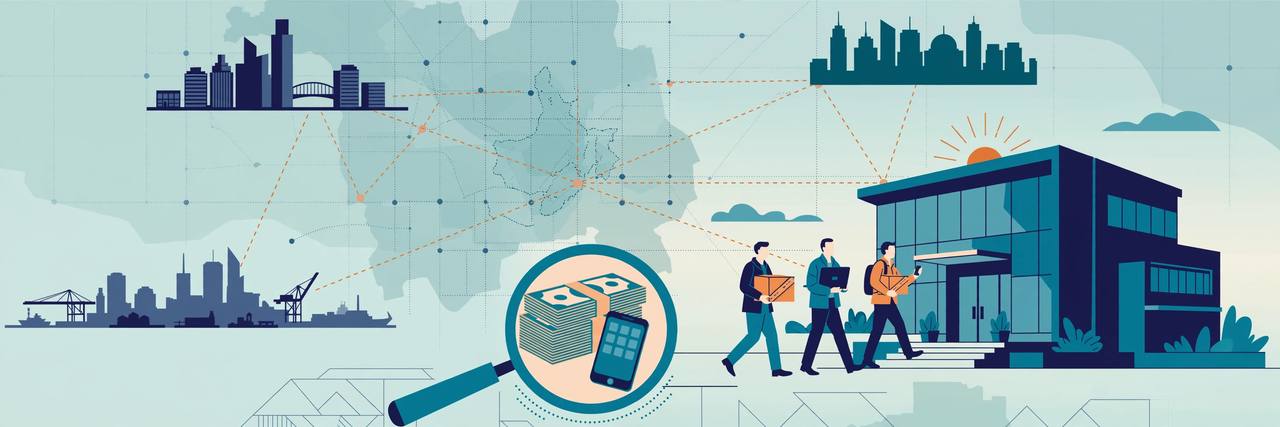 Editorial illustration of generic enforcement officers carrying sealed evidence boxes out of a city office building, with a stylised map linking city skylines and a magnifying glass over banknotes and a smartphone
