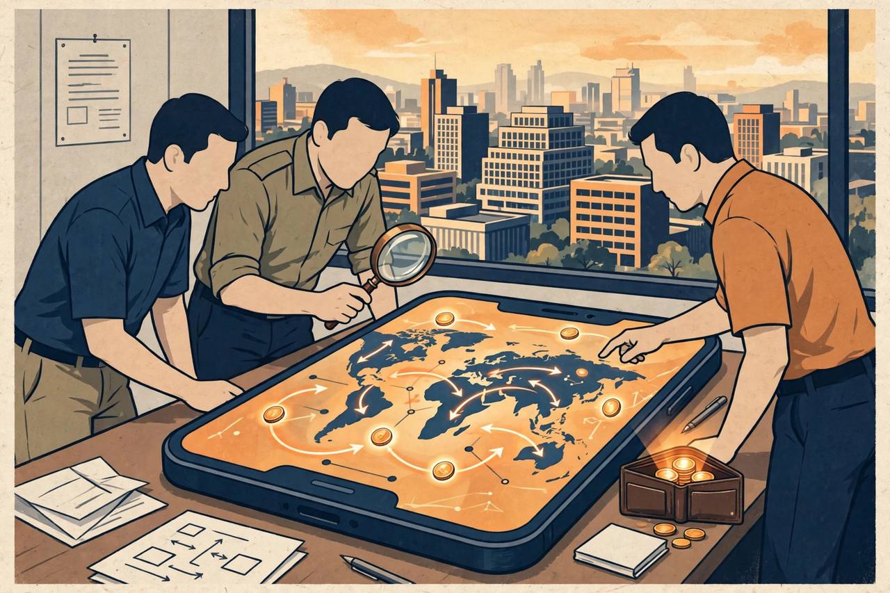 Editorial illustration of investigators examining a giant phone showing crypto coin flows across a world map