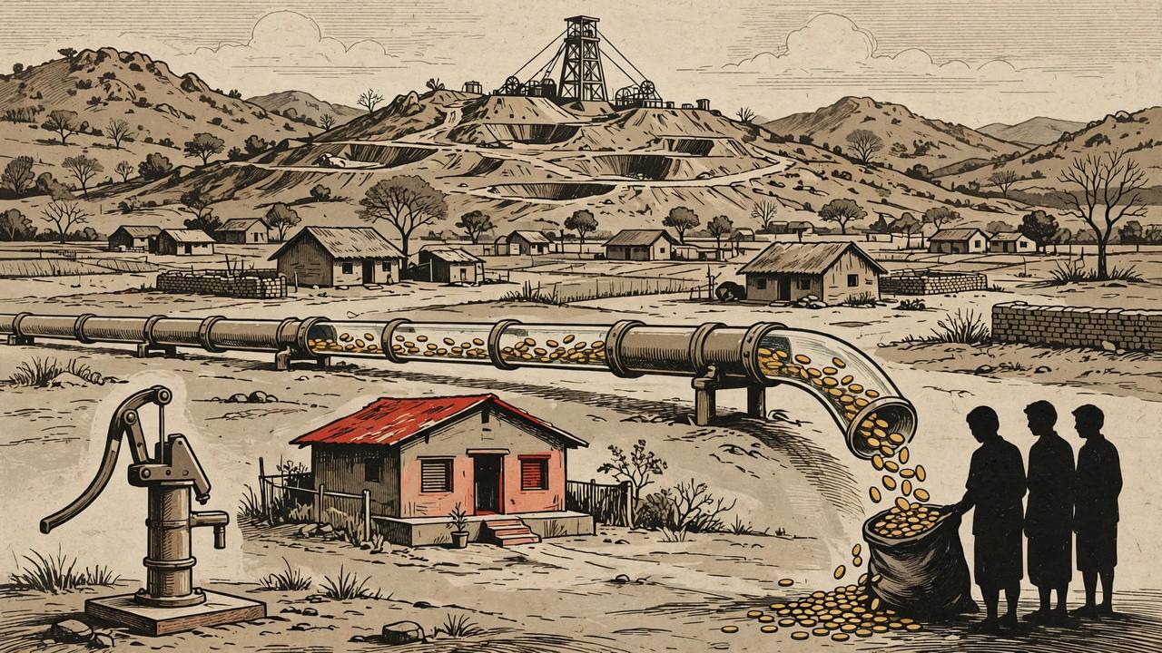 Editorial illustration of a mining village with a handpump and school, a mine on the hill behind and a pipeline of coins being diverted into a sack
