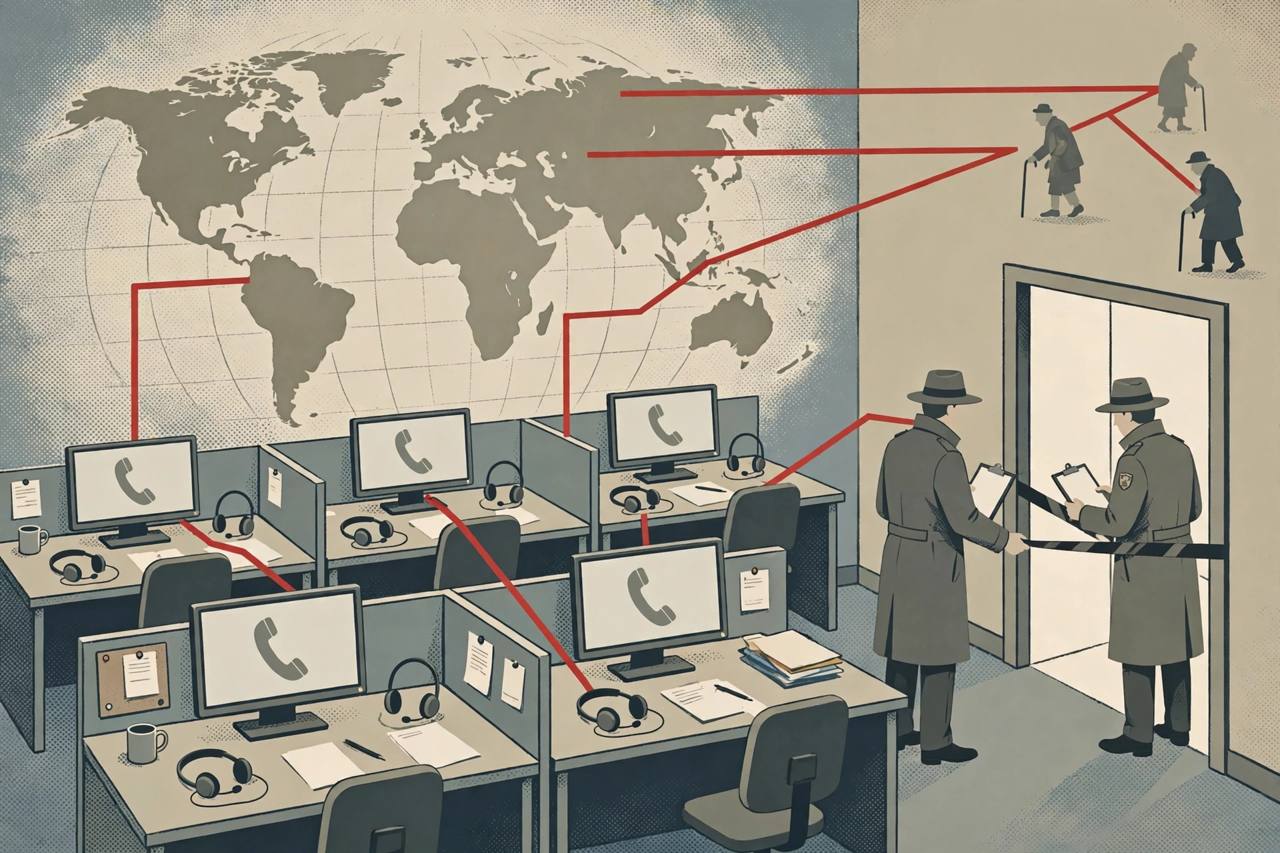 Editorial illustration of a generic call centre with headsets and computer screens and red call lines to elderly silhouettes abroad, flat style