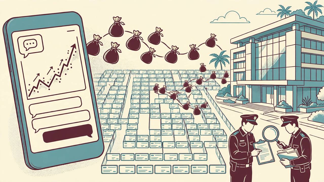 Editorial illustration of a smartphone showing a chat screen and a rising fake investment chart, money bags moving through a maze of bank account cards, and two generic enforcement officers examining documents outside an office building