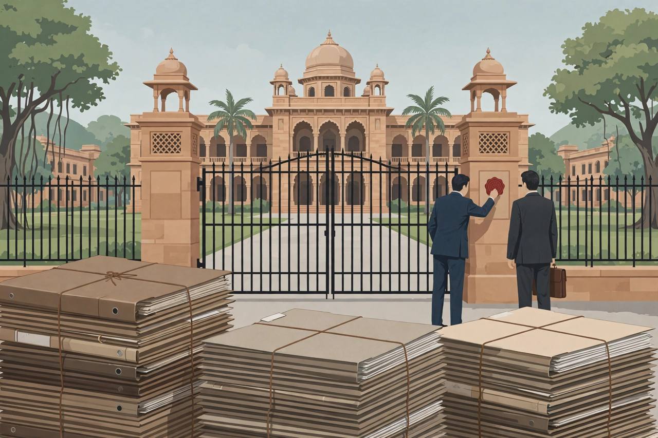 Editorial illustration of a university campus gate with an official enforcement seal and case files, generic officials in the foreground