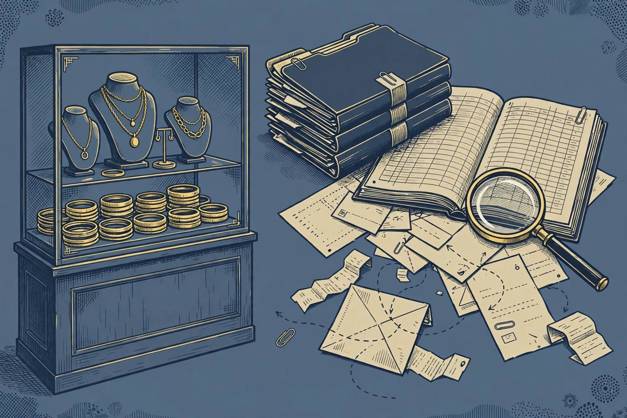 Editorial illustration of a jewellery counter with investigation files and a bank ledger. (Editorial illustration)