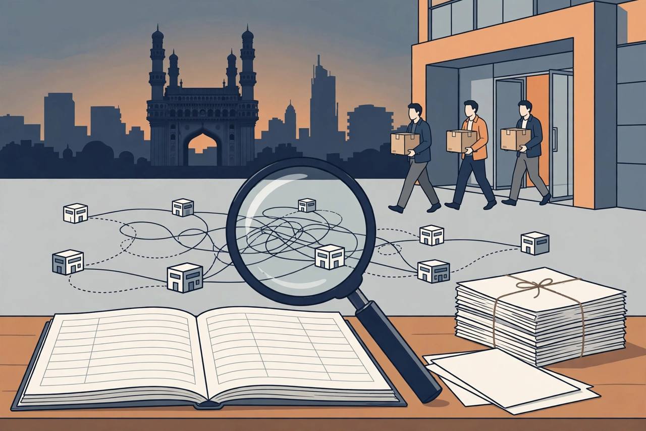 Editorial illustration of generic investigators carrying sealed document boxes from a generic office building with a bank ledger and money trails, flat style