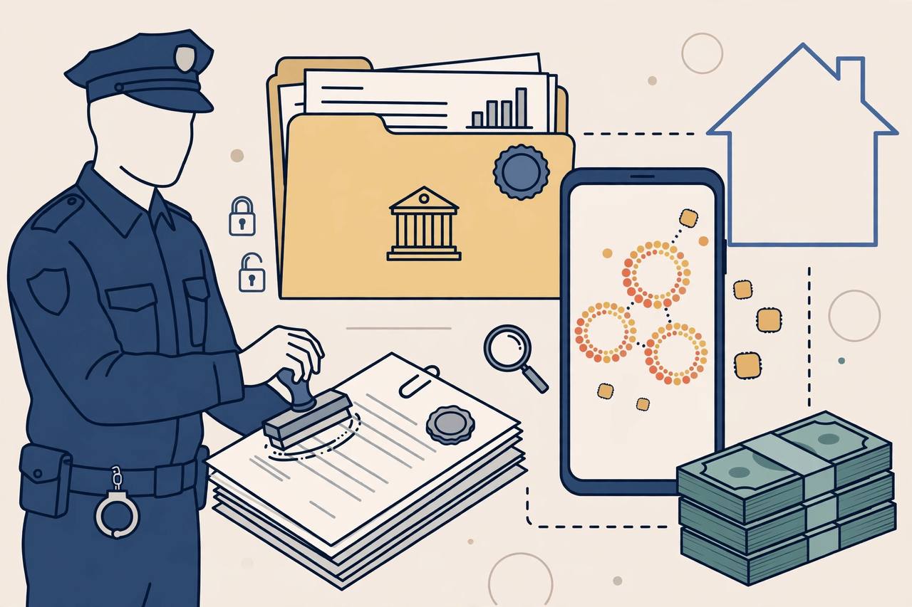 Editorial illustration of an enforcement officer sealing property and bank documents beside a smartphone with abstract betting symbols