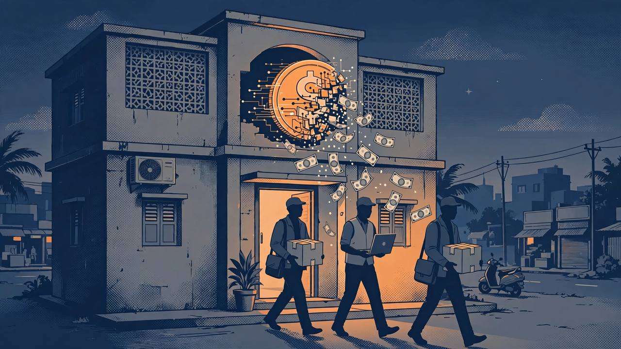 Editorial illustration of investigators carrying sealed evidence boxes out of a small office building at dusk, with a stylised digital coin dissolving into currency notes above the doorway
