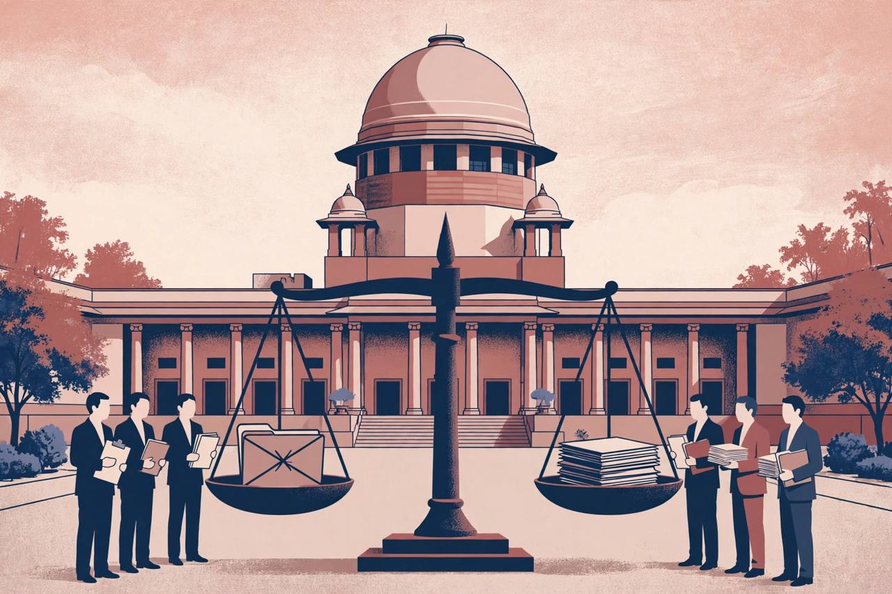 Editorial illustration of the Supreme Court of India with scales of justice and generic lawyers holding case files