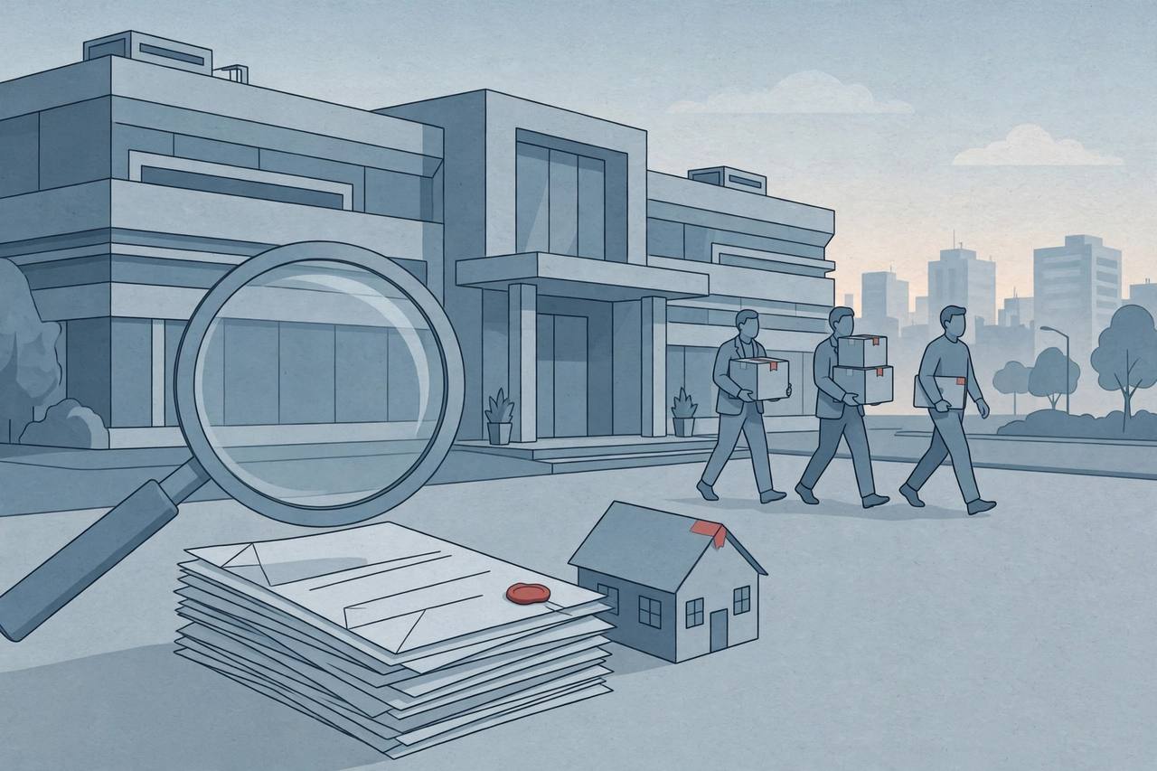 Editorial illustration of investigators carrying sealed boxes of files out of an office building, with a magnifying glass over a stack of loan documents and a small model house