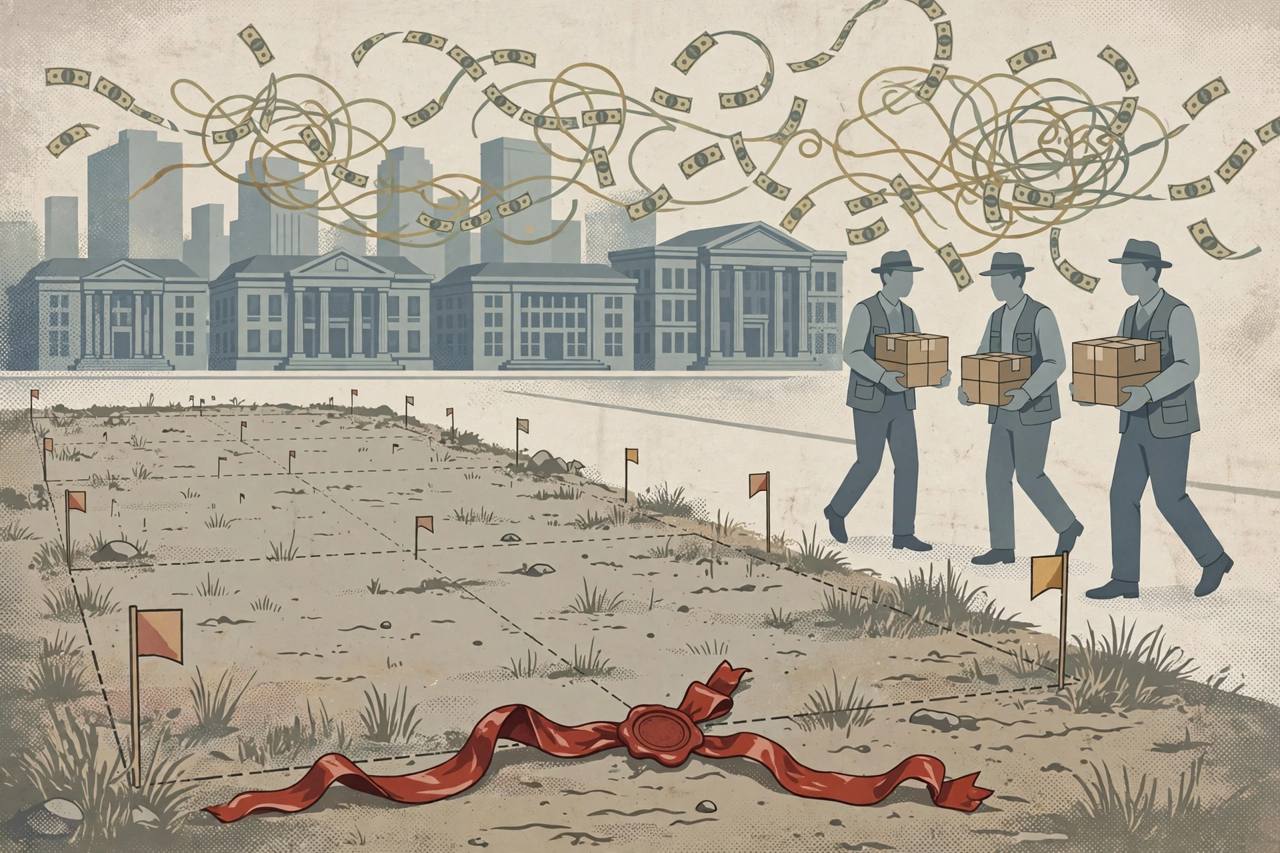 Editorial illustration of a vacant land parcel with survey markers and a red attachment seal, generic bank buildings and money trails behind, flat style