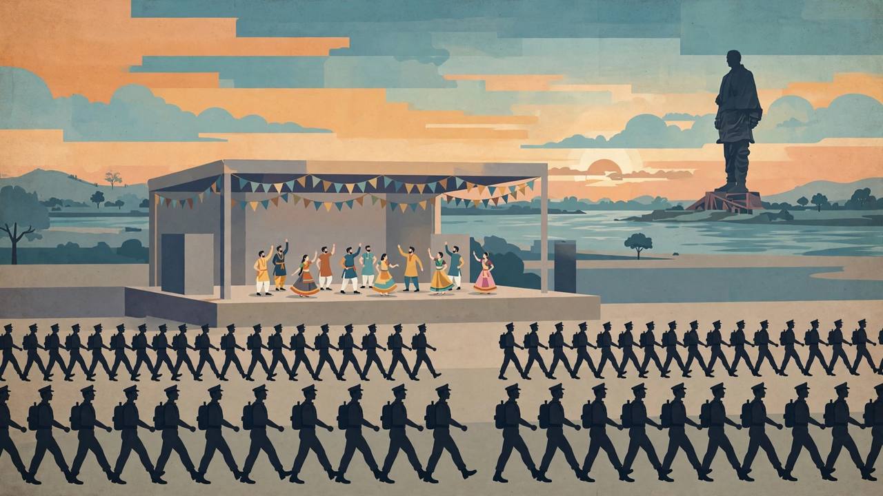 Editorial illustration of a unity parade at Ekta Nagar, with generic uniformed personnel marching, cultural performers on a stage and a tall statue silhouette by a river