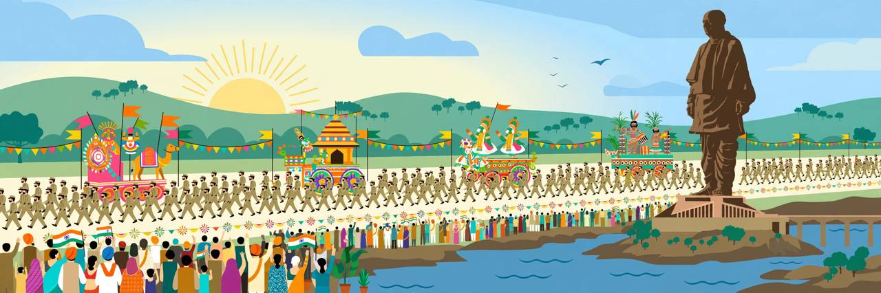Editorial illustration of a unity-day parade with marching personnel, cultural tableaux and a large crowd in front of a tall statue by a river at Ekta Nagar