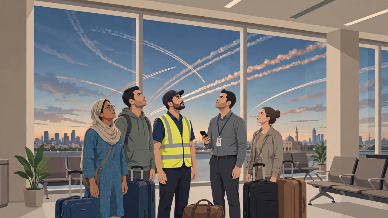 Editorial illustration of generic travellers with suitcases inside an airport terminal looking up at air-defence interceptor trails streaking across a dusk sky over a distant Middle East city skyline