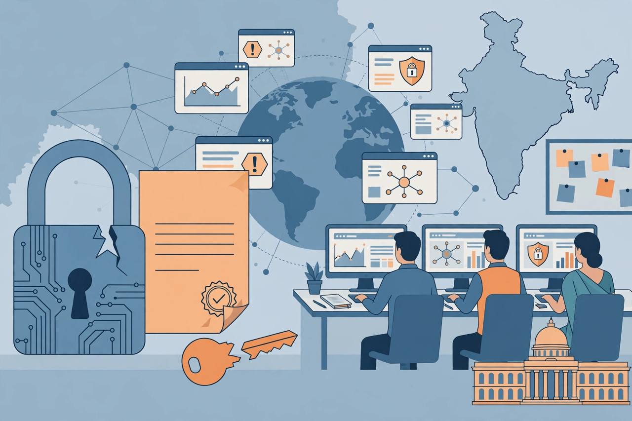 Editorial illustration of a digital certificate and broken encryption key with a globe and generic office figures