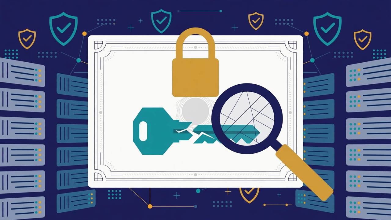 Editorial illustration of a digital certificate with a cracked cryptographic key under a magnifying glass
