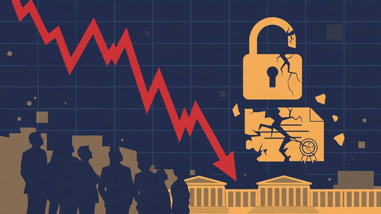 Editorial illustration of a steep red stock-market line plunging past a cracked digital padlock and certificate, with generic investor silhouettes and an exchange building — flat style, no text, no real person's face