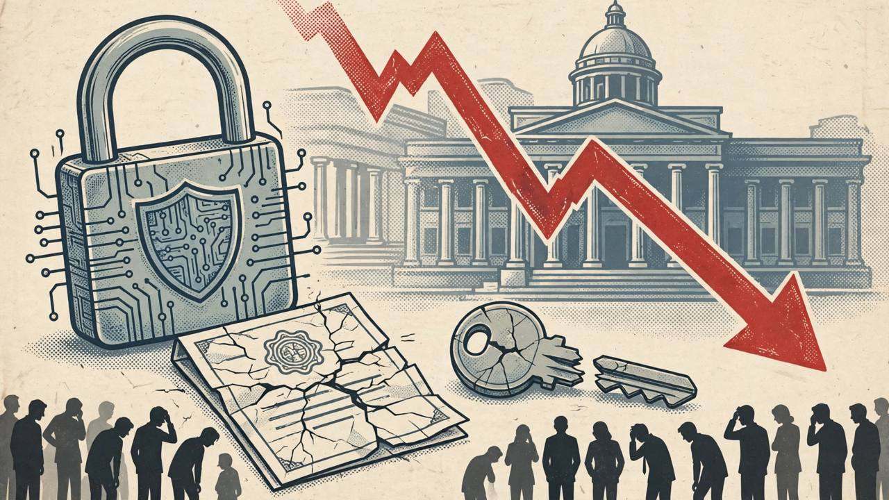 Editorial illustration of a cracked weak digital key and certificate beside a steep downward stock chart over a generic stock exchange building in India