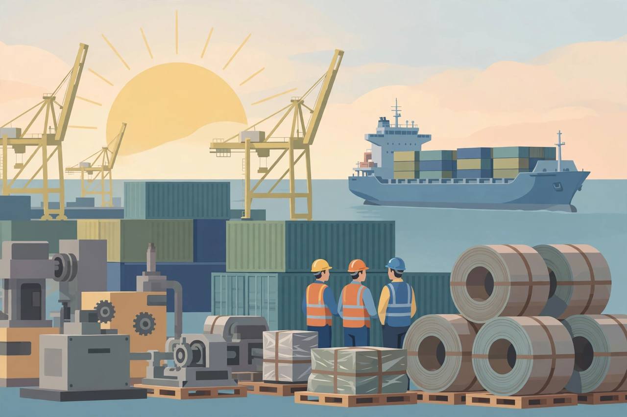 Editorial illustration of generic factory workers beside shipping containers, cranes and a cargo ship at a port, machinery ready for export, flat style