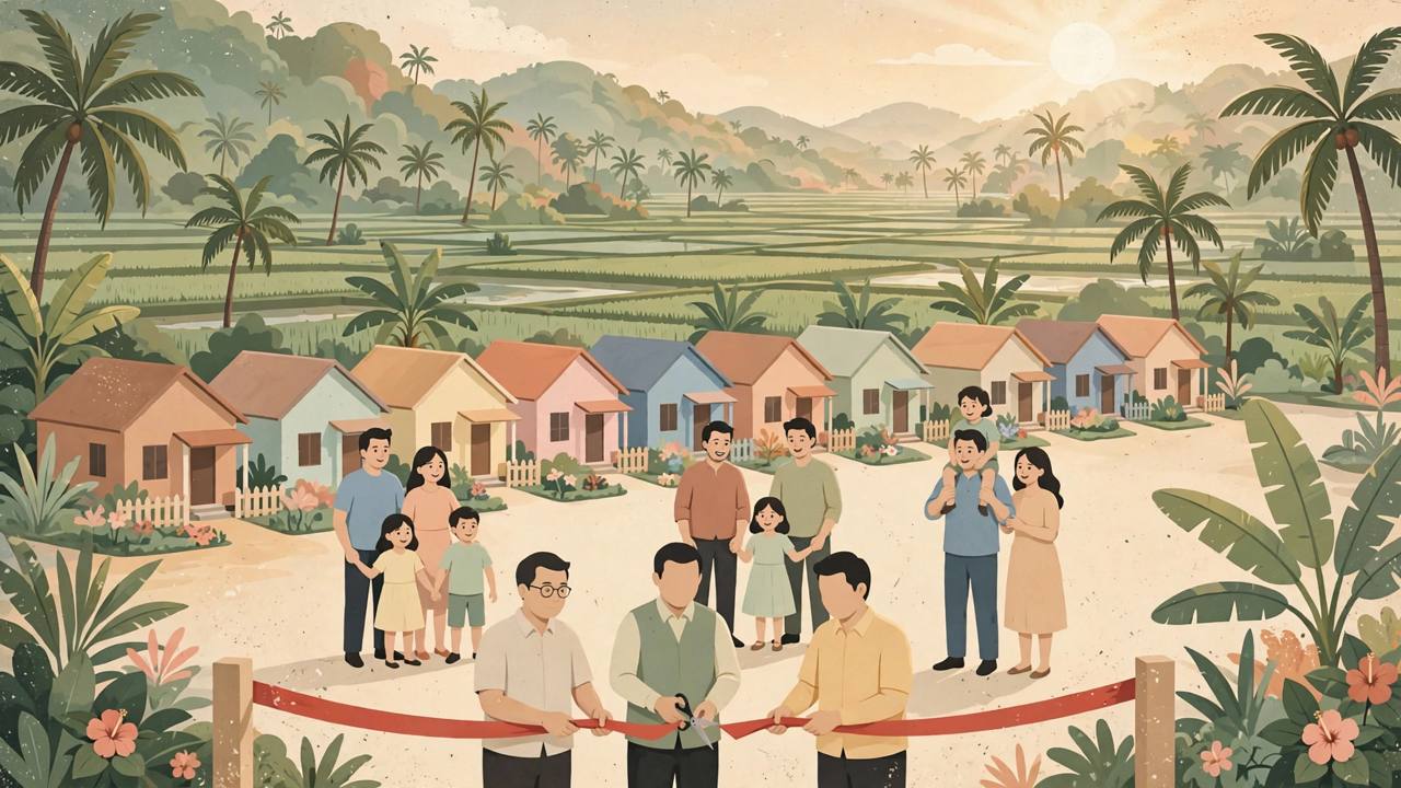 Editorial illustration of a new model village of colourful houses among palm trees in Sri Lanka, with generic families outside their new homes