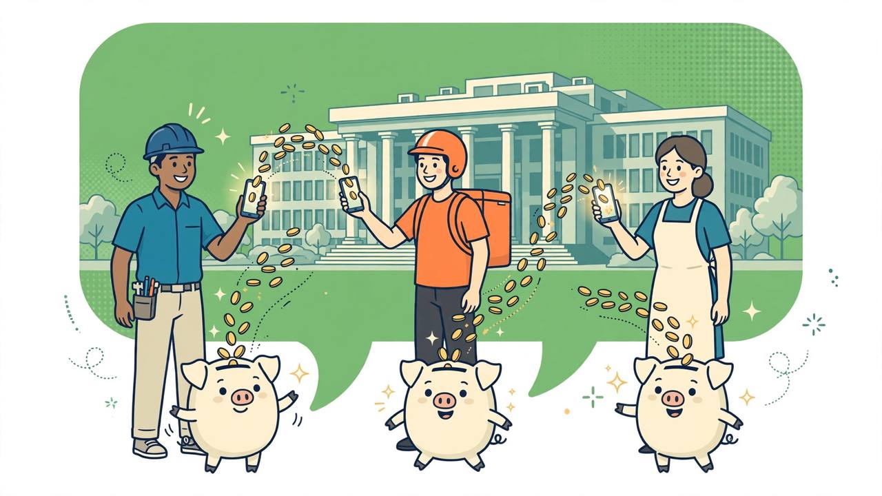 Editorial illustration of generic workers — a factory worker, a delivery rider and a shop assistant — holding smartphones as coins flow from small piggy-bank savings pots into their phones, with a large green chat bubble and a government office building behind them