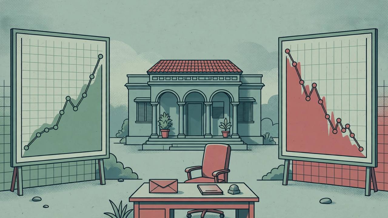Editorial illustration of a bank building between a rising profit chart and a crashing stock chart, with an empty chair and resignation envelope
