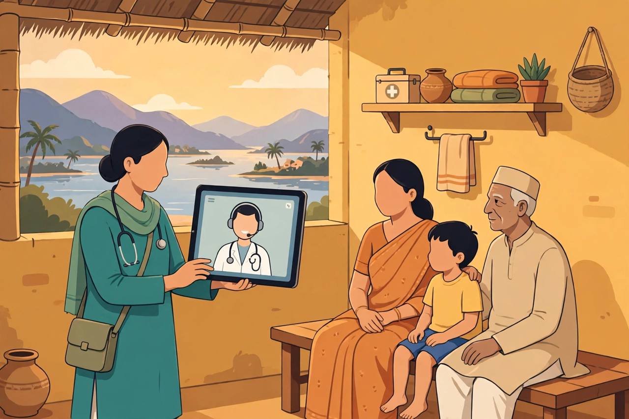 Editorial illustration of a rural health worker video-calling a doctor on a tablet during a telemedicine consultation
