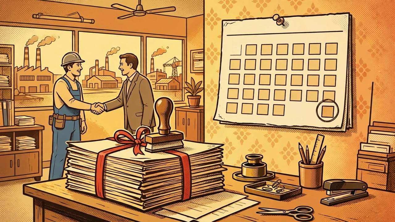 Editorial illustration of a factory worker and an employer shaking hands in an office, with a stack of settled case files tied with red ribbon and a wall calendar marking the end of the year (Editorial illustration)
