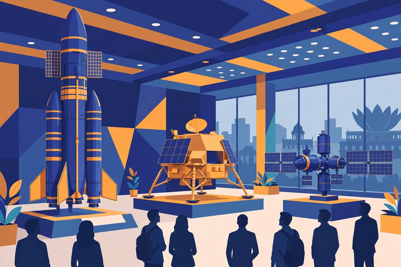 Editorial illustration of a heavy-lift rocket model, a Moon lander model and a space station model on display in an exhibition hall