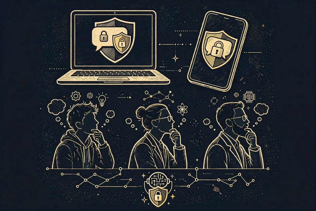 Editorial illustration of a private locked AI chat with a shield on a phone and laptop