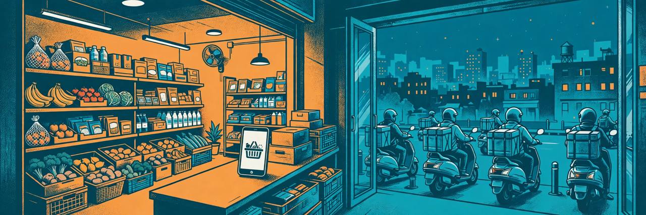 Editorial illustration of a quick-commerce dark store with generic delivery riders on scooters and grocery shelves