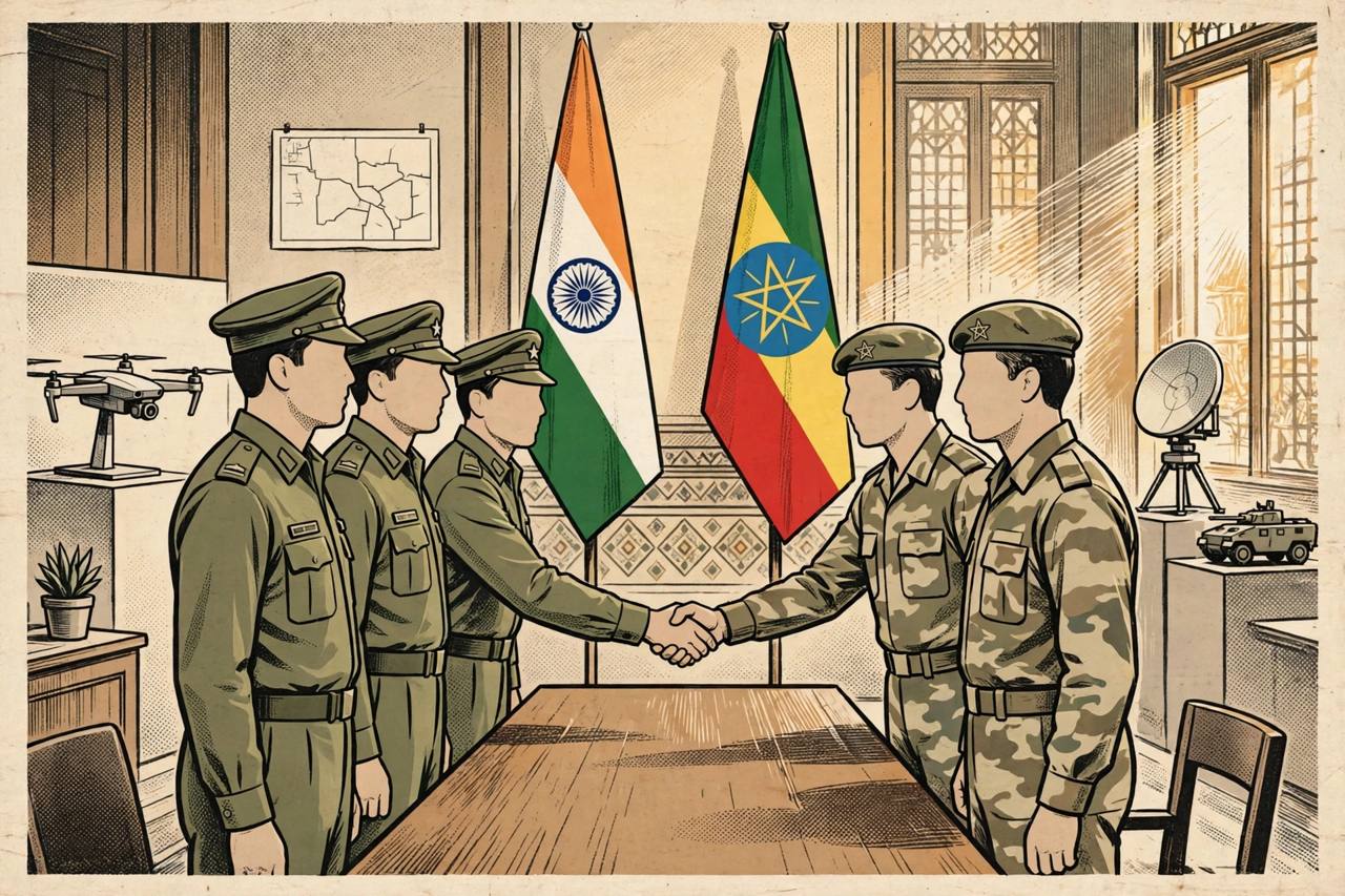 Editorial illustration of two army delegations shaking hands across a conference table with Indian and Ethiopian flags