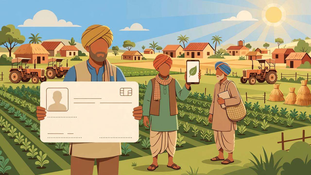 Editorial illustration of generic farmers in a green field holding a large blank digital identity card, with a smartphone and tractors in the background; no real person depicted