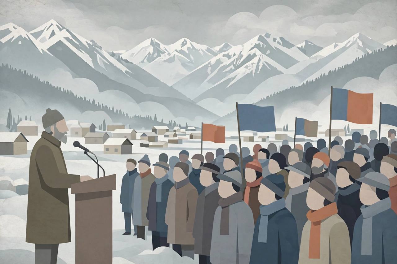Editorial illustration of a generic political leader speaking at a podium to a crowd at an outdoor convention in a Kashmir valley town, with mountains behind