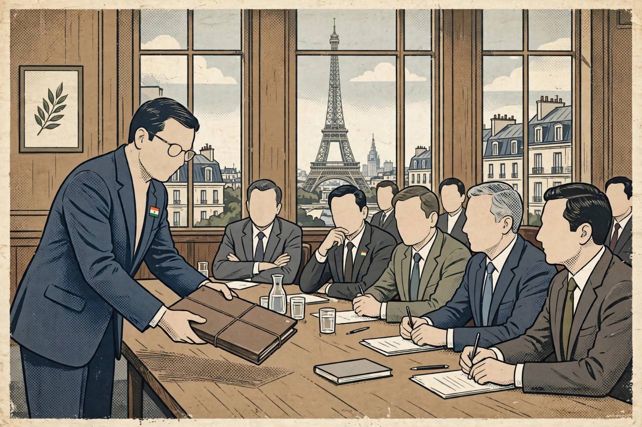 Editorial illustration of generic diplomats around a conference table in Paris, with a delegate presenting a dossier and the Eiffel Tower through the window