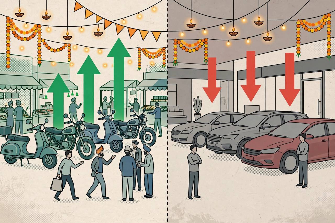 Festive vehicle market split between busy motorcycle and scooter buyers on one side and a quiet passenger car showroom on the other, with Diwali lights (Editorial illustration)