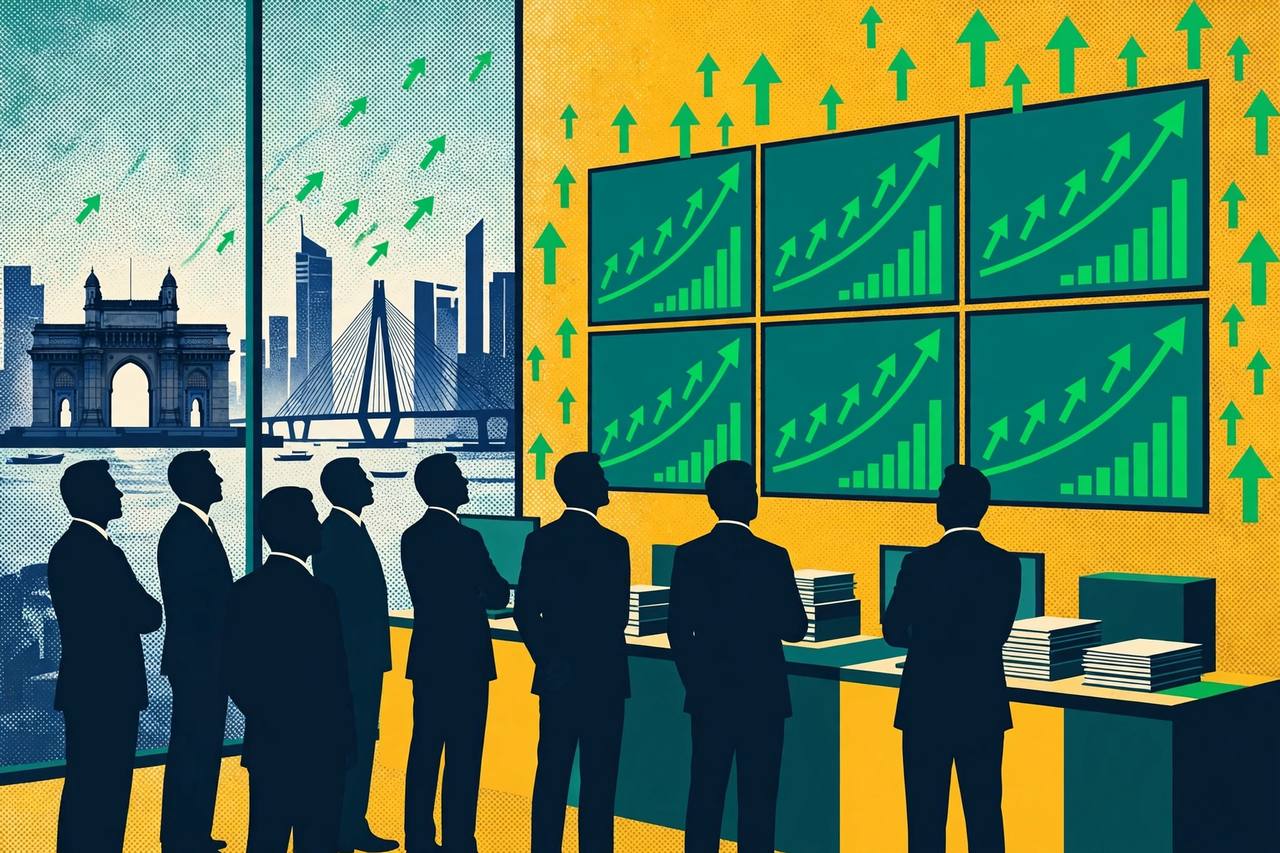 Editorial illustration of a stock exchange trading floor with rising green market charts on screens and generic traders watching, Mumbai skyline behind