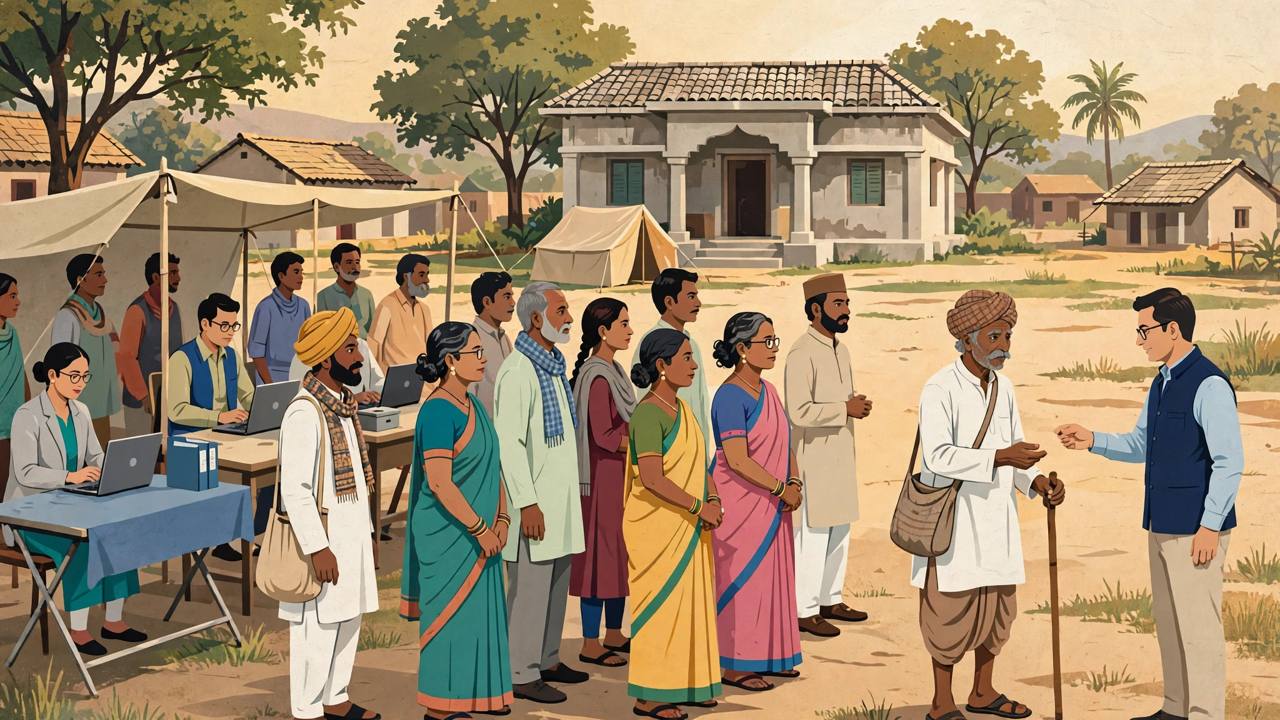 Editorial illustration of villagers queueing at a bank help camp in a village panchayat ground in India