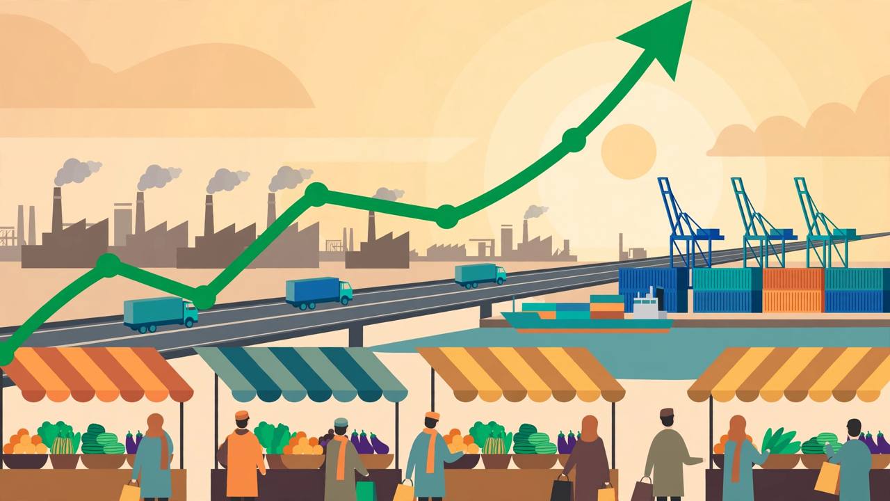 Editorial illustration of a rising green growth arrow over Indian factories, a container port, trucks on a highway and a vegetable market, no real person's face