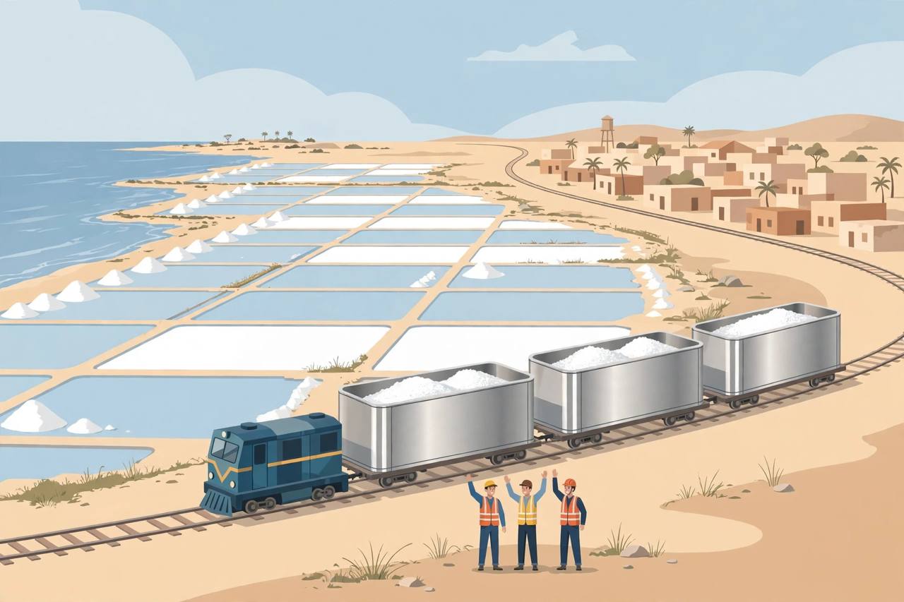 Editorial illustration of a freight train with stainless steel containers carrying white salt from coastal salt pans in Kutch