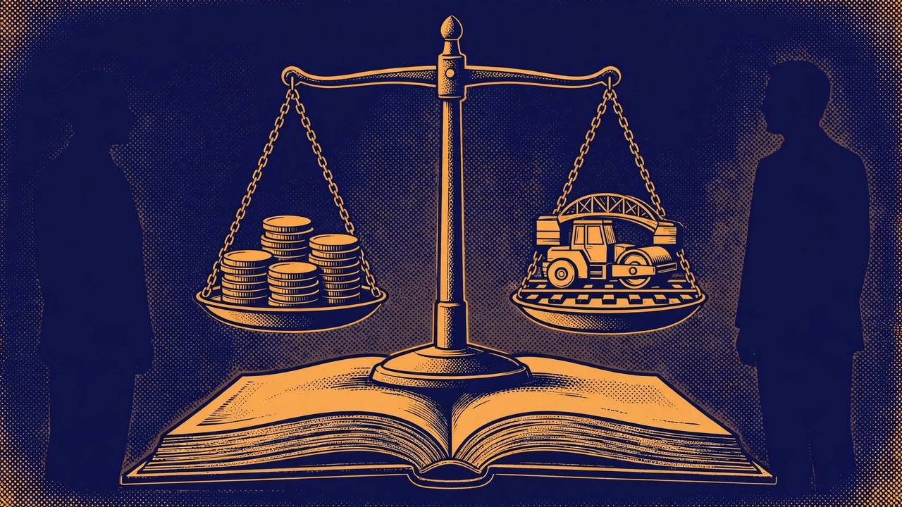 Editorial illustration of a balance scale standing on an open government ledger, weighing stacks of coins against a road roller, a bridge and a railway track, watched by two silhouetted officials