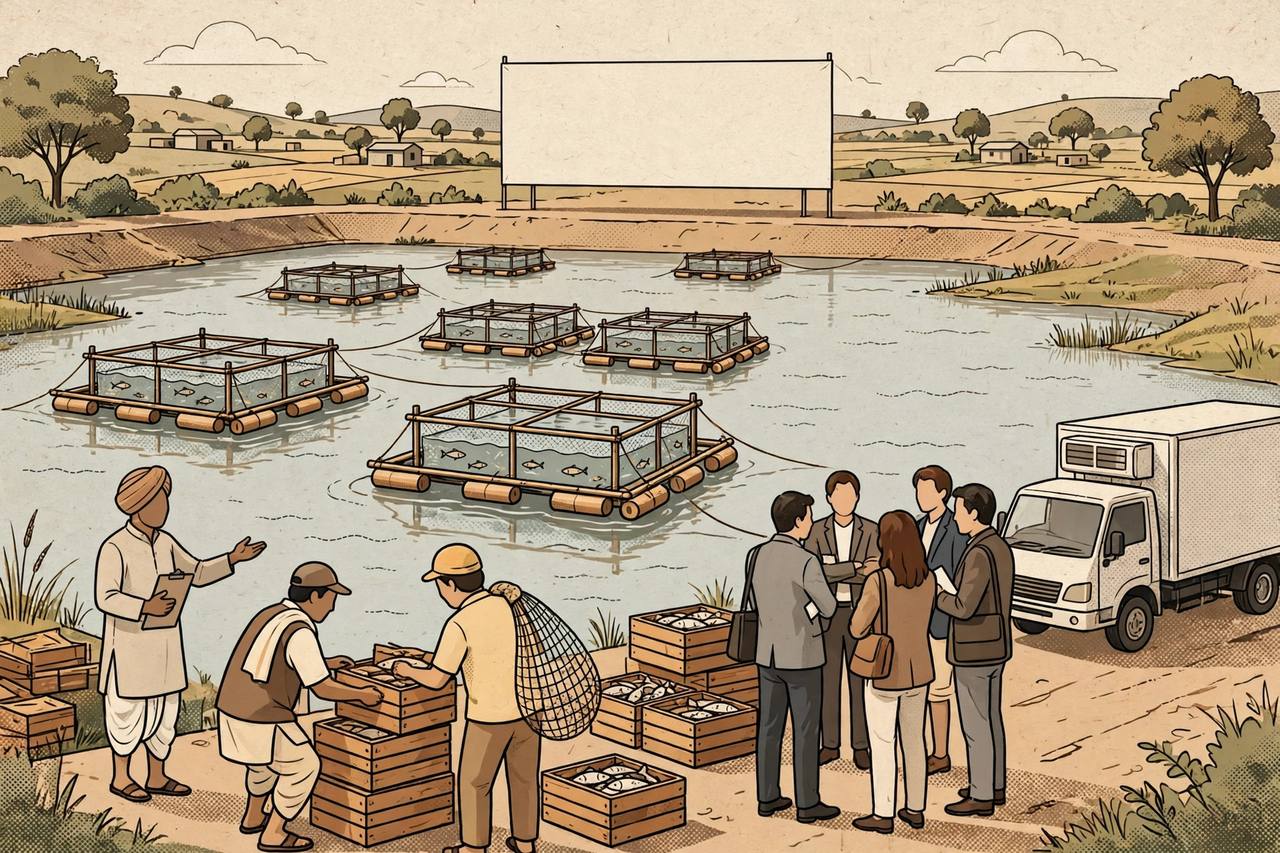 Editorial illustration of fish farmers and investors at an inland reservoir with cage culture units, generic figures