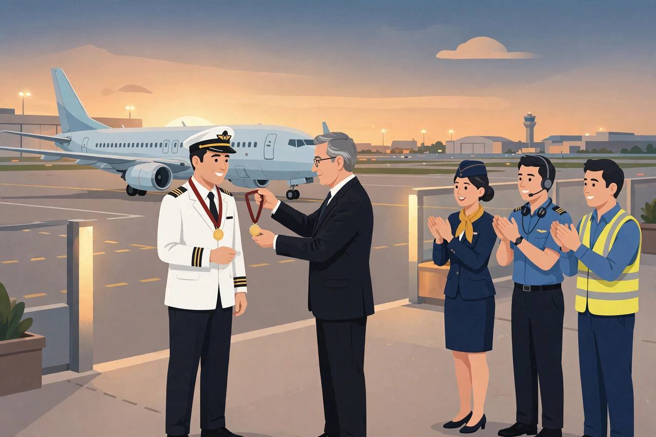 Editorial illustration of a generic airline captain in a white uniform receiving a medal from a generic official in front of a passenger jet at dusk, with generic crew members applauding, no real person's likeness