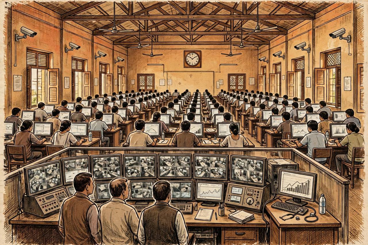 Editorial illustration of a large examination hall with generic young medical graduates at computer desks, a stethoscope, a wall clock and CCTV cameras, no real person's face