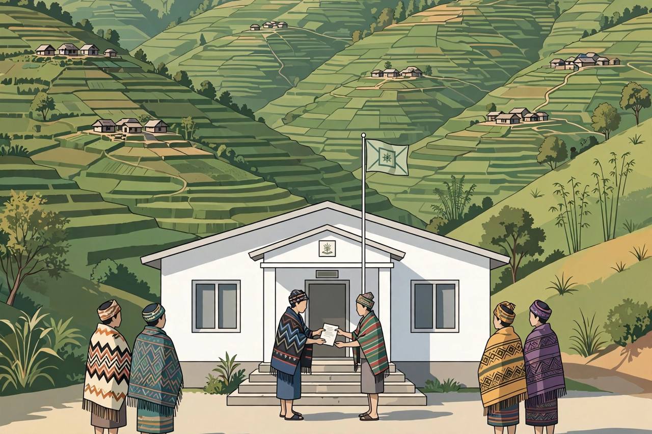 Editorial illustration of green terraced hills and villages in eastern Nagaland with a new territorial authority building and residents gathered outside