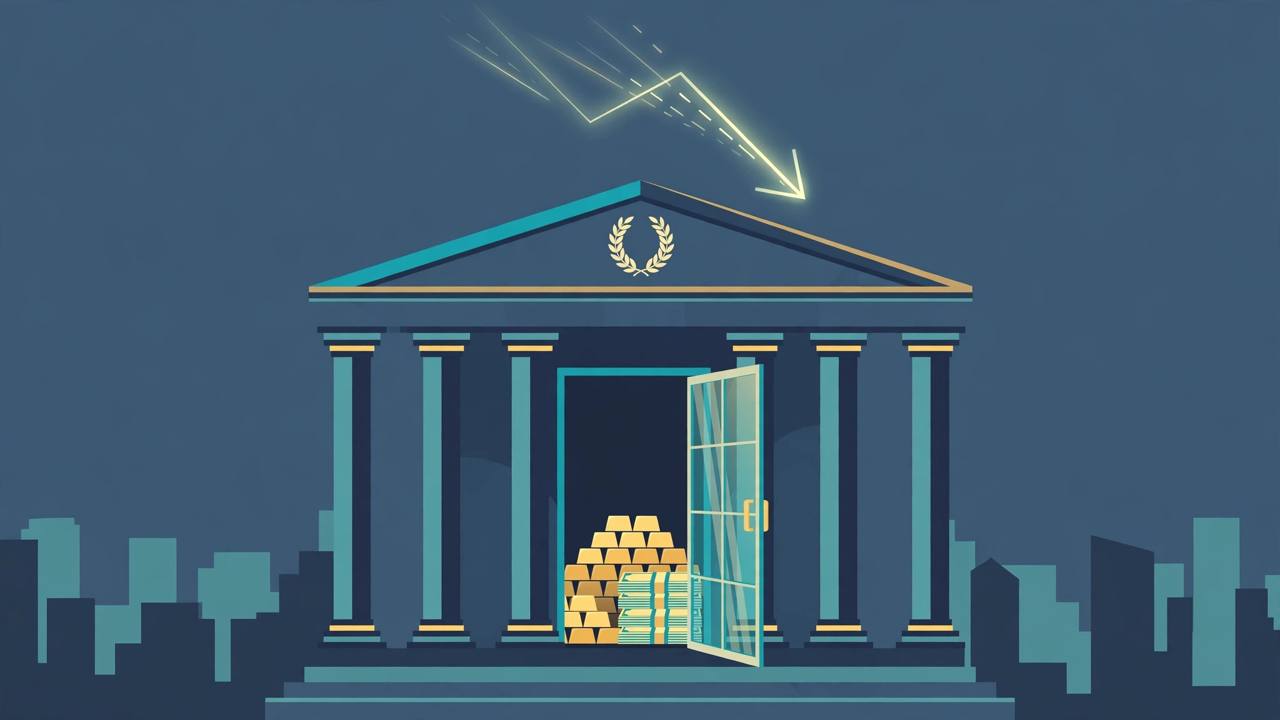 Editorial illustration of a central bank building with an open vault door showing gold bars and currency bundles, with a downward arrow above