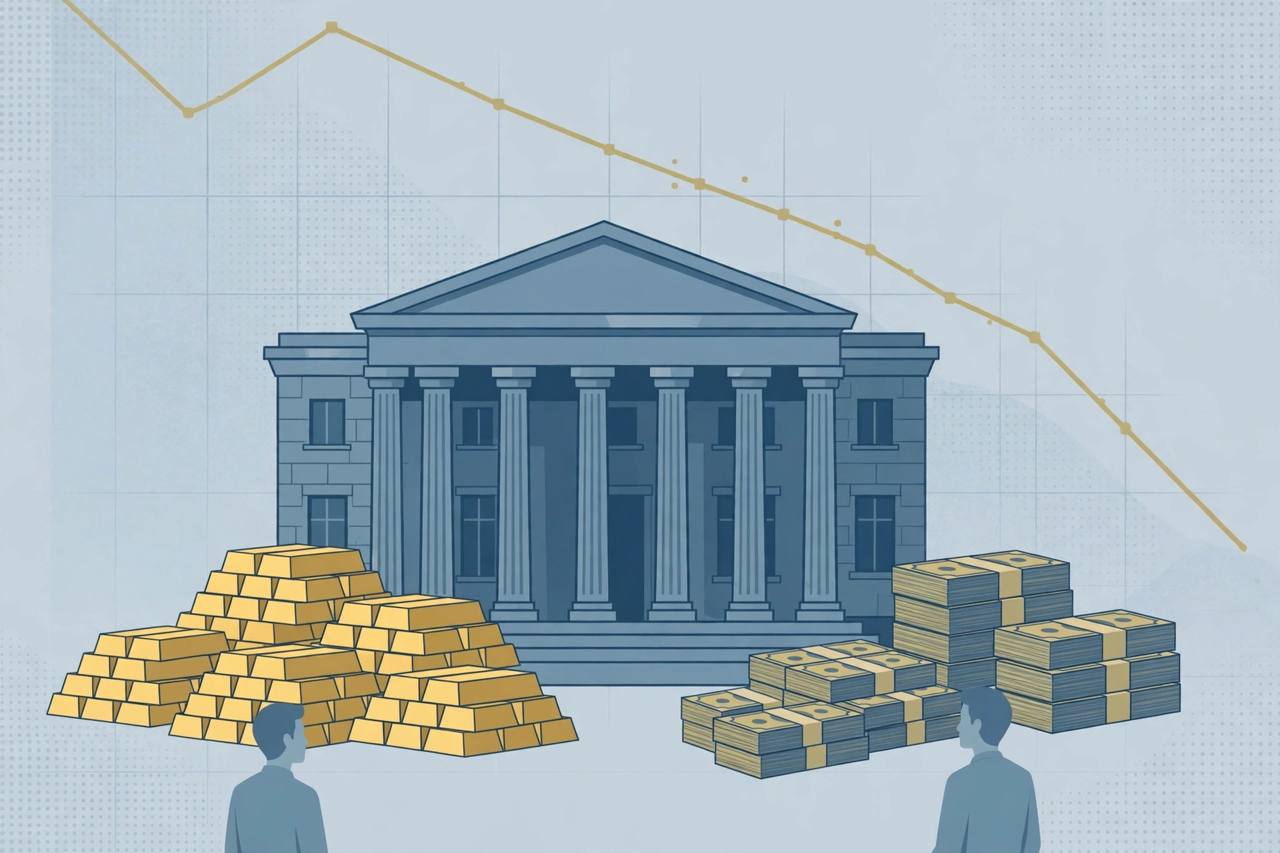 Editorial illustration of a central bank building with stacks of gold bars and currency bundles and a downward-sloping reserves chart line